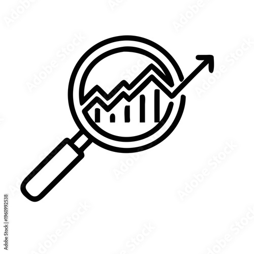 Outline magnifying glass reveals growth chart with upward arrow, business analytics symbol