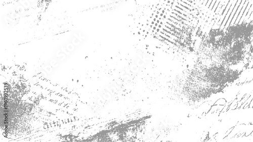 Faded grey distressed grunge texture with handwritten script and halftone dots white