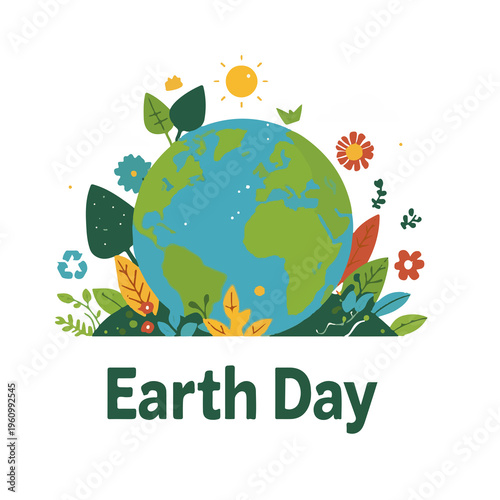 illustration of Earth Day in a flat design style, featuring a colorful and stylized depiction of the planet Earth, surrounded by lush green trees, vibrant blue oceans, and fluffy white clouds