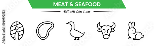 Meat and seafood icons depicting steaks, fish, shrimp, chicken, fillets, shellfish, cooking, grilling, freshness, protein, nutrition, butchery, cuisine, preparation, and ingredients.