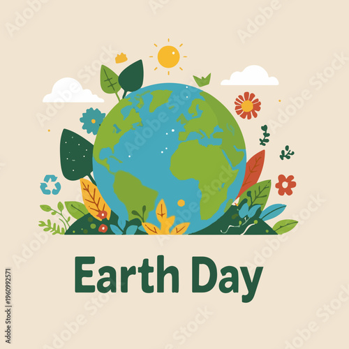 vector illustration of Earth Day in a flat design style, featuring a colorful and stylized depiction of the planet Earth, surrounded by lush green trees, vibrant blue oceans, and fluffy white clouds