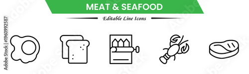 Meat and seafood icons depicting steaks, fish, shrimp, chicken, fillets, shellfish, cooking, grilling, freshness, protein, nutrition, butchery, cuisine, preparation, and ingredients.