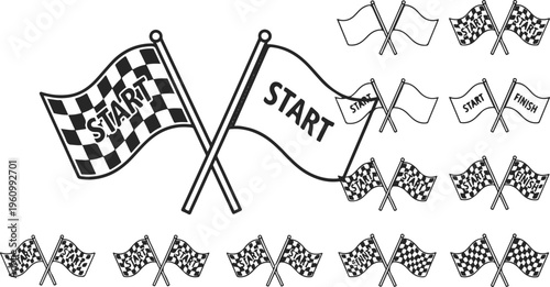 checkered racing flags and start banner on white background for sports and competition concept