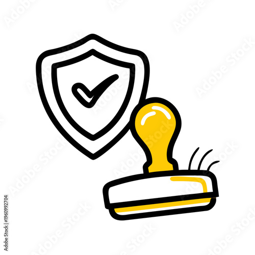Approved and verified security shield with yellow stamp and check mark icon