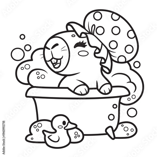 Cute cartoon capybara sitting in a bathtub full of foam in a bathing cap outlined on white background
