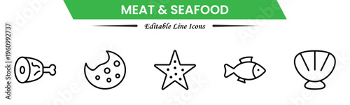 Meat and seafood icons depicting steaks, fish, shrimp, chicken, fillets, shellfish, cooking, grilling, freshness, protein, nutrition, butchery, cuisine, preparation, and ingredients.