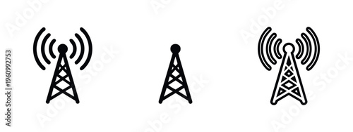 Collection of black radio tower icons in various styles, perfect for telecommunication, signal, and wireless themes.