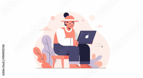 Person wearing hat and glasses using laptop amidst stylized plants