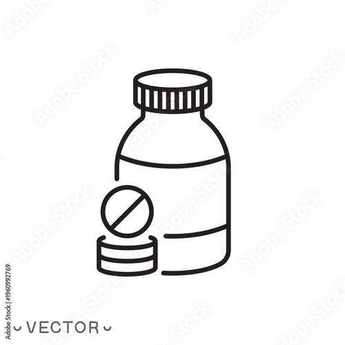 medicine bottle and pills, vitamin concept, thin line symbol isolated on white background, editable stroke eps 10 vector illustration