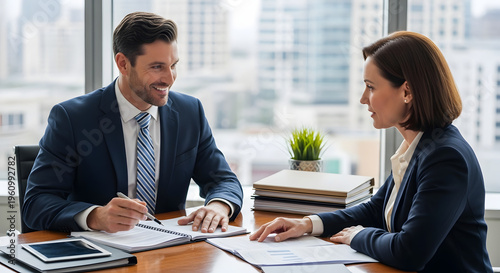 Business Discussion: A professional man and woman engaged in a focused business discussion, their expressions reflecting mutual understanding and collaboration.