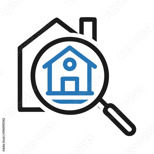 Magnifying glass searching for house blue home real estate symbol icon flat design