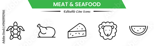 Meat and seafood icons depicting steaks, fish, shrimp, chicken, fillets, shellfish, cooking, grilling, freshness, protein, nutrition, butchery, cuisine, preparation, and ingredients.
