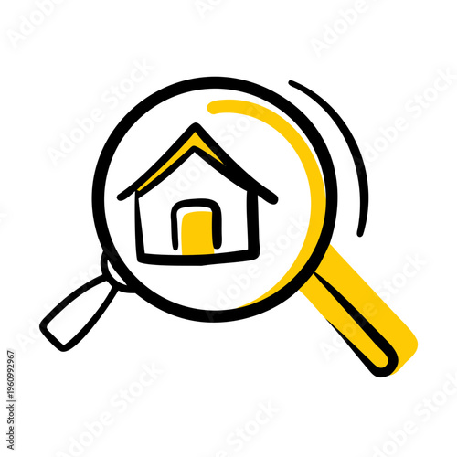 Hand drawn magnifying glass and house symbol yellow real estate search icon graphic
