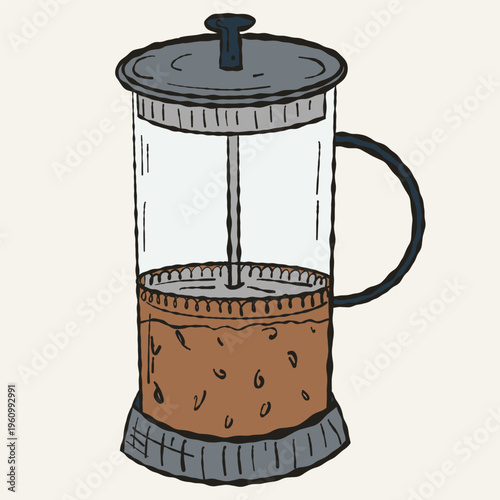 Artisan Hand-Drawn French Press Illustration. Vintage Coffee Plunger Vector for Breakfast Branding and Kitchen Wall Art