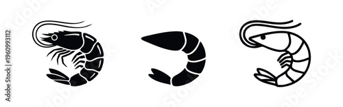 Shrimp icons set. Seafood, ocean food, and marine life symbols.