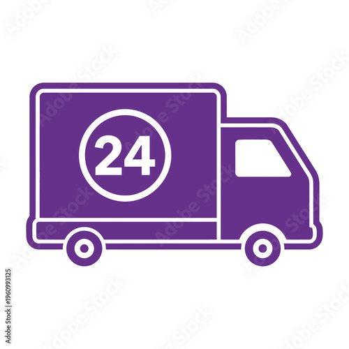 Purple delivery truck icon with 24 hour service symbol on white background logistics and transportation concept