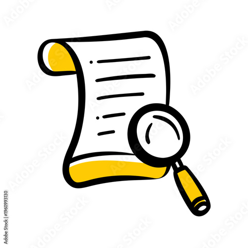 Document with magnifying glass icon representing search and analysis of information on paper
