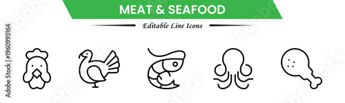 Meat and seafood icons depicting steaks, fish, shrimp, chicken, fillets, shellfish, cooking, grilling, freshness, protein, nutrition, butchery, cuisine, preparation, and ingredients.
