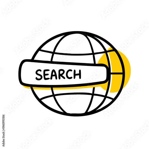 Conceptual search globe icon with yellow accent and search bar for web browsing and internet exploration.