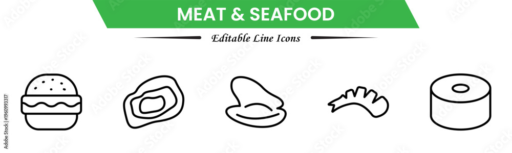 Obraz premium Meat and seafood icons depicting steaks, fish, shrimp, chicken, fillets, shellfish, cooking, grilling, freshness, protein, nutrition, butchery, cuisine, preparation, and ingredients.