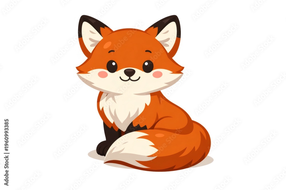 Fototapeta premium Adorable animated orange fox character sitting, looking forward with a friendly smile, and featuring charming big eyes and fluffy fur details on a white background