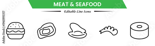Meat and seafood icons depicting steaks, fish, shrimp, chicken, fillets, shellfish, cooking, grilling, freshness, protein, nutrition, butchery, cuisine, preparation, and ingredients.
