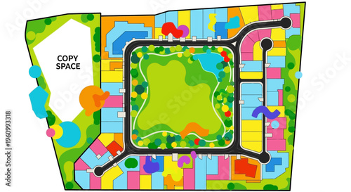 Colorful Urban Master Plan and Architectural Site Map Illustration with Central Park and Copy Space for City Development and Residential Planning