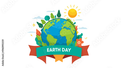 illustration of Earth Day in a flat design style, featuring a colorful and stylized depiction of the planet Earth, surrounded by lush green trees, vibrant blue oceans, and fluffy white clouds