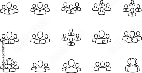 Set of diverse family tree diagrams with hand-drawn icons and generational connections