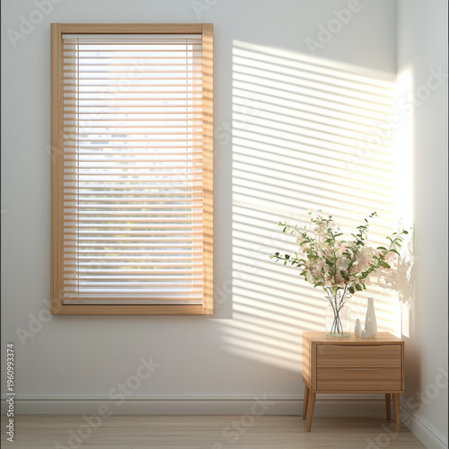 Minimal interior with wooden window blind, sunlight shadow, small wooden table, glass vase, white flower, and clean wall decor