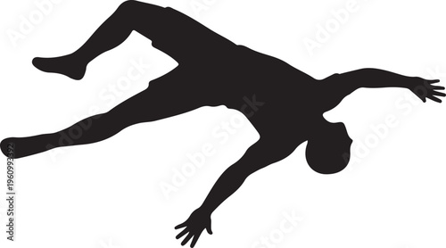 Silhouette of a person falling or performing a breakdance move with black and white