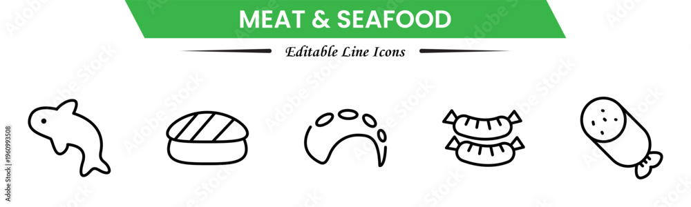 Obraz premium Meat and seafood icons depicting steaks, fish, shrimp, chicken, fillets, shellfish, cooking, grilling, freshness, protein, nutrition, butchery, cuisine, preparation, and ingredients.