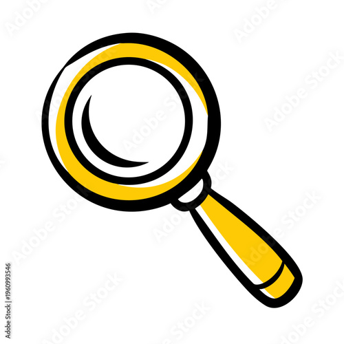 Yellow magnifying glass with black outline for search and discovery illustration