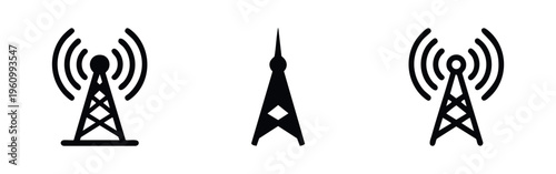 Set of black radio tower icons in different styles, representing communication, signal, and wireless technology.