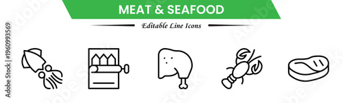 Meat and seafood icons depicting steaks, fish, shrimp, chicken, fillets, shellfish, cooking, grilling, freshness, protein, nutrition, butchery, cuisine, preparation, and ingredients.