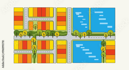 Flat Design City Plan Illustration Showing Urban Residential Neighborhood Layout with Green Spaces and Water Blocks