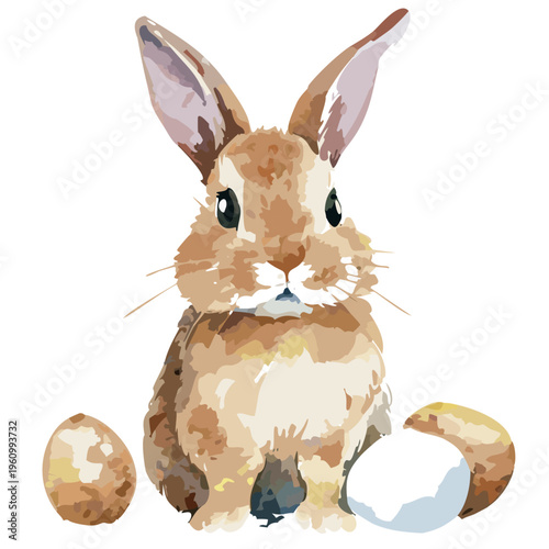watercolor graphic painting of bunny easter eggs, illustration of baby hare animal rabbit adorable fluffy, palm sunday church school celebration, cute christian holiday season card, graphic isolated 