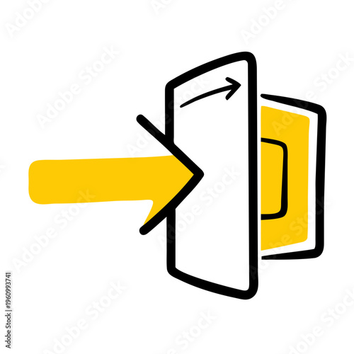 Yellow arrow entering a doorway with a door opening, stylized hand-drawn icon for entry or welcome.