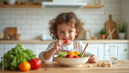 Curly haired child eats fresh vegetables and berries from bowl. Happy girl enjoys healthy food at kitchen table. Toddler mealtime promotes good nutrition for growth and development.