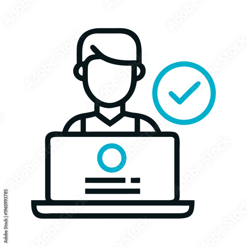 User working on laptop with check mark icon and blue accents technology theme