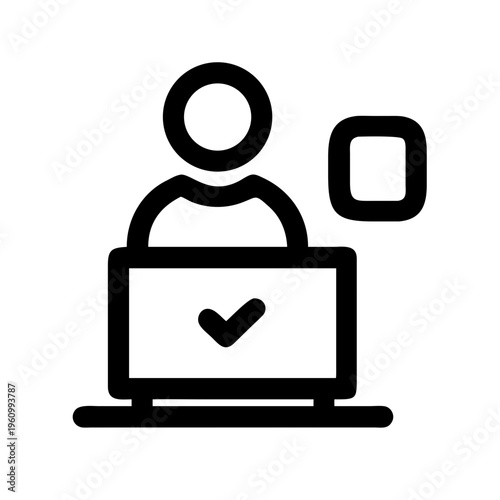 Person behind laptop with check mark next to it and squared checkmark symbolizing confirmation