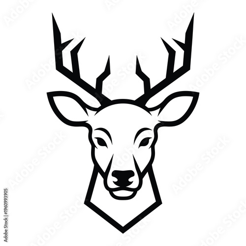 Billede på lærred Black and white illustration of a deer head with antlers on white background ico