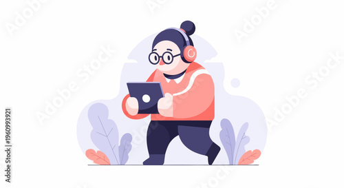 Person with headphones, glasses, and tablet walking among plants