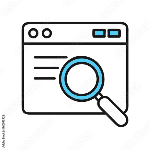 Browser window with search icon, blue color accents, representing online search concept
