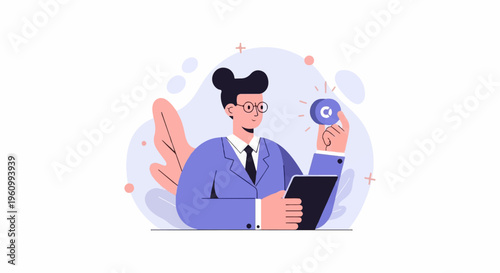 Professional holding a digital coin and tablet, abstract background