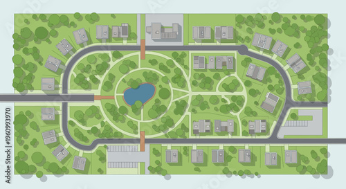 Urban Planning Master Plan: Bird's Eye View Illustration of a Modern Residential Neighborhood with Central Park, Pond, and Sustainable Green Housing Development