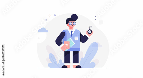 Stylized cartoon man in suit and glasses holds device and book