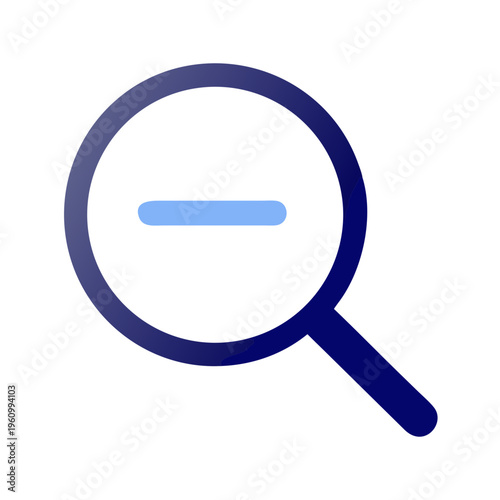 Zoom out magnifying glass icon, simple dark blue with light blue minus symbol