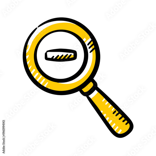 Hand drawn zoom out magnifying glass icon, yellow outline with blue minus symbol