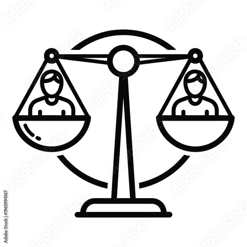 Black line art illustration of equal scale with two people on plates  balance concept icon